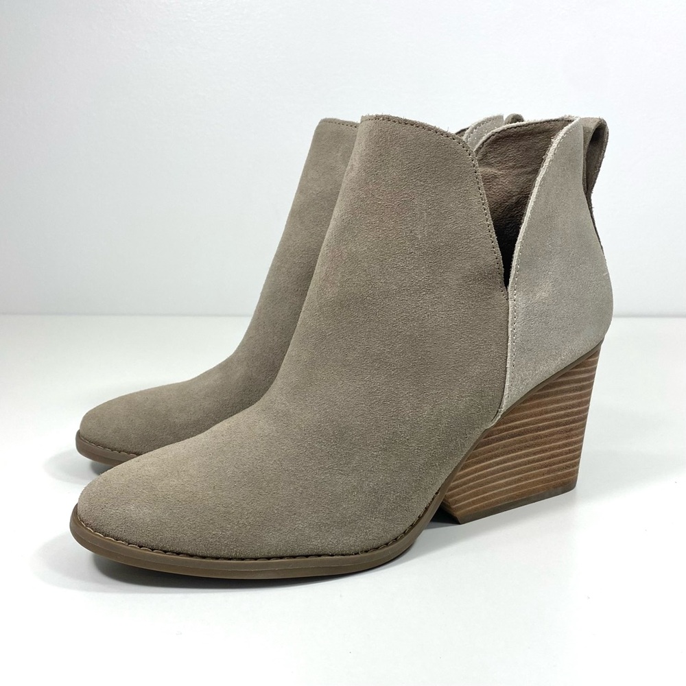 TOMS Eliza Wedge Suede Leather Tan Dune Metallic Slip On Ankle Boots Booties 9